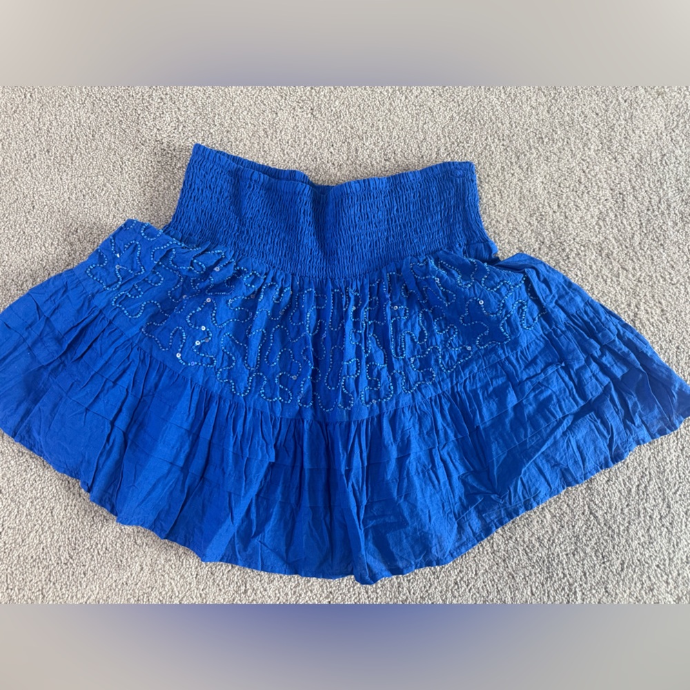 Blue Smocked Skirt with Embellishments